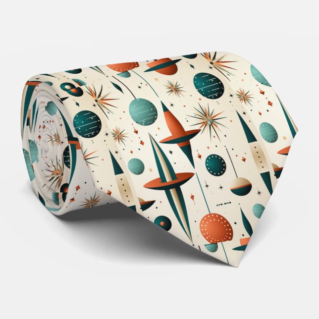 Mid Century Modern Sputnik Planets Stars Tie (Rolled)