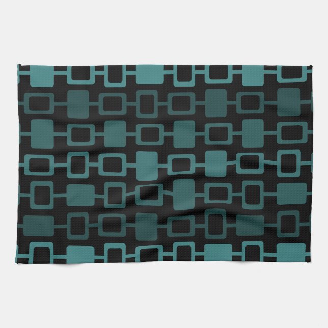 Mid Century Modern Square Columns Black Teal Kitchen Towel (Horizontal)