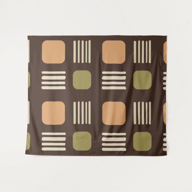 Mid-Century Modern Squares Lines Dark Brown Tapestry (Front (Horizontal))