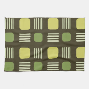 Mid-Century Modern Squares Lines Dark Chartreuse Kitchen Towel