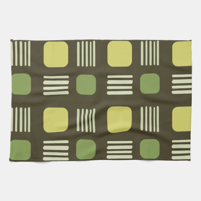 Mid-Century Modern Squares Lines Dark Chartreuse Kitchen Towel (Horizontal)