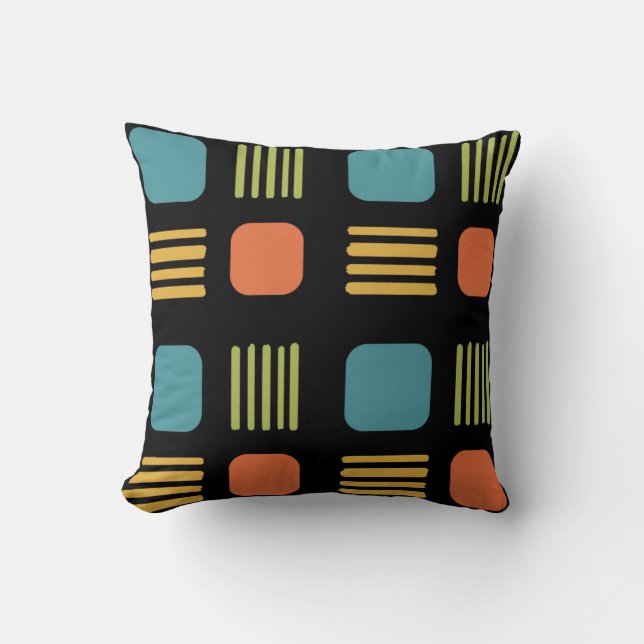 Mid-Century Modern Squares Lines Dark Colourful Throw Pillow (Front)
