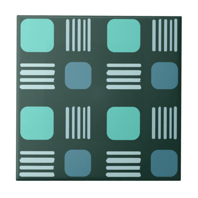Mid-Century Modern Squares Lines Dark Teal Tile (Front)