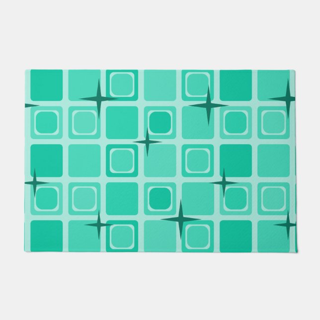 Mid Century Modern Squares Stars Teal Doormat (Front)