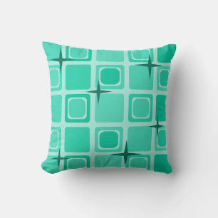 Mid Century Modern Squares Stars Teal Throw Pillow