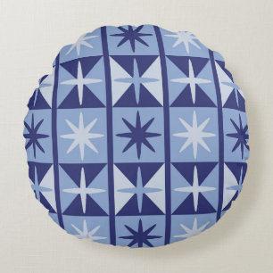 Mid Century Modern Starburst Pattern in Blues Round Pillow