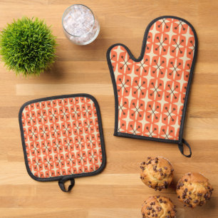 Mid Century Modern Starburst Pattern Oven Mitt & Pot Holder Set