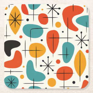 Mid Century Modern Starburst Pattern Square Paper Coaster