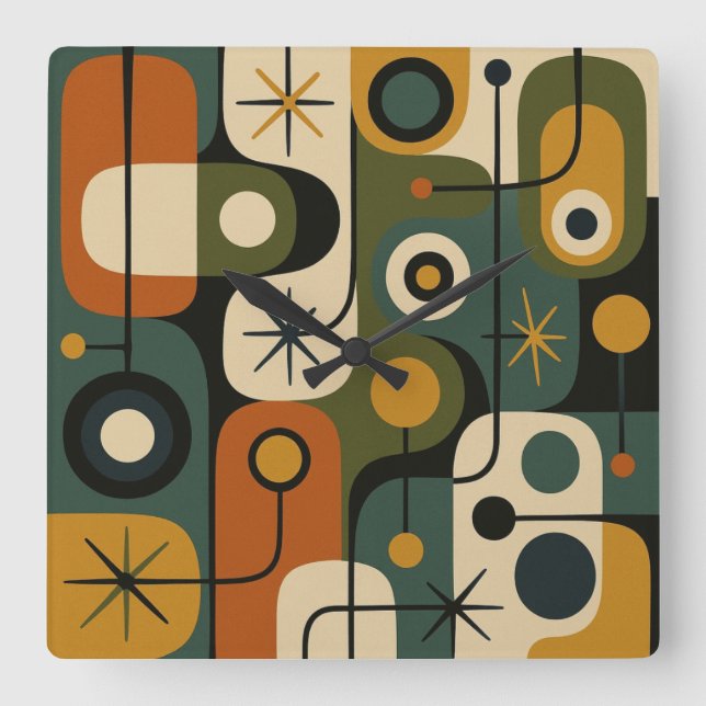 Mid Century Modern Starburst Pattern Square Wall Clock (Front)
