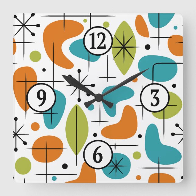 Mid Century Modern Starburst Pattern Square Wall Clock (Front)
