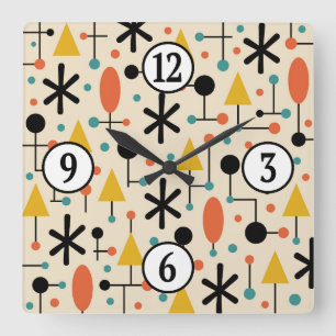 Mid Century Modern Starburst Pattern Square Wall Clock