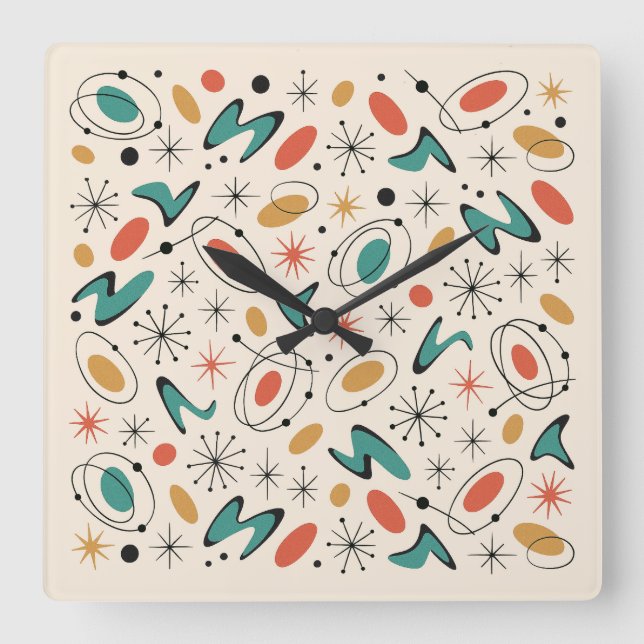 Mid Century Modern Starburst Pattern Square Wall Clock (Front)