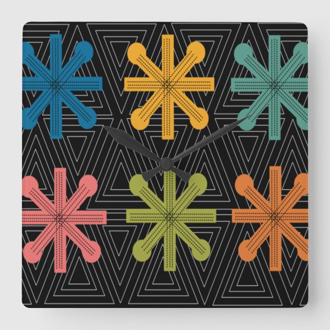 Mid-Century Modern Starburst Quilt Square Wall Clock (Front)