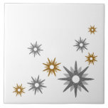 Mid-Century Modern Starburst Silver & Gold Tile<br><div class="desc">Mid-century modern inspired design featuring vintage retro silver and gold starbursts on a white background. Simple,  clean modern design.</div>