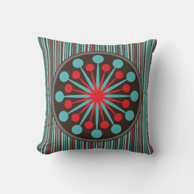 Mid Century Modern Starburst Turquoise Red Stripe Throw Pillow (Front)