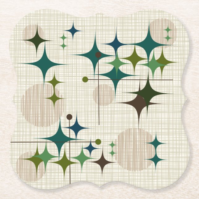 Mid Century Modern Starbursts and Globes Paper Coaster (Front)