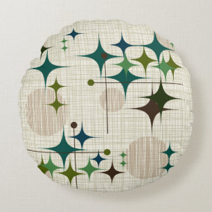 Mid Century Modern Starbursts and Globes Round Pillow