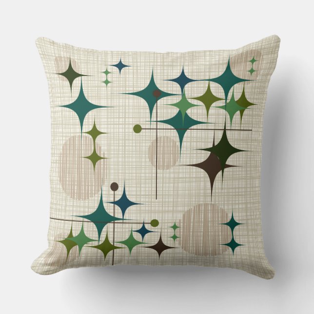 Mid Century Modern Starbursts and Globes Throw Pillow (Front)
