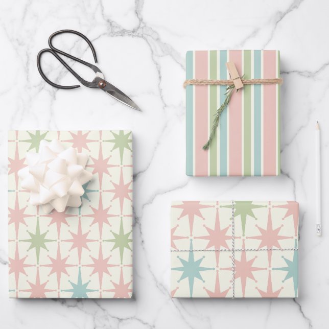 Mid Century Modern Starbursts and Stripes Pastel Wrapping Paper Sheet (Front)