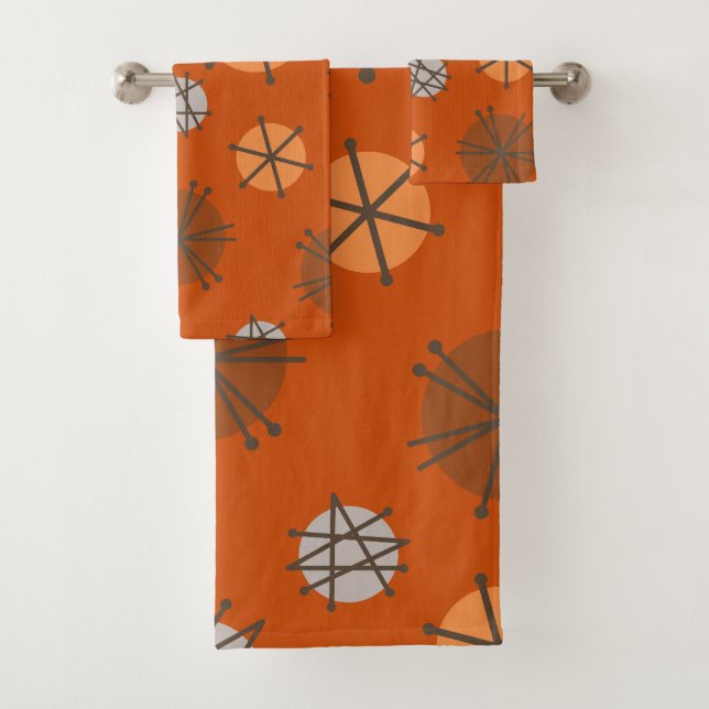 Mid Century Modern Starbursts Burnt Orange Bath Towel Set (Insitu)