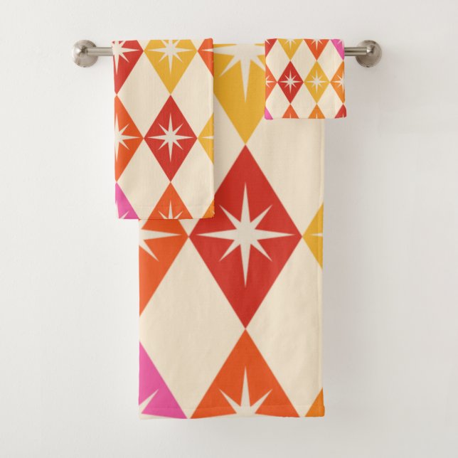 Mid century modern starbursts on retro diamonds   bath towel set (Insitu)