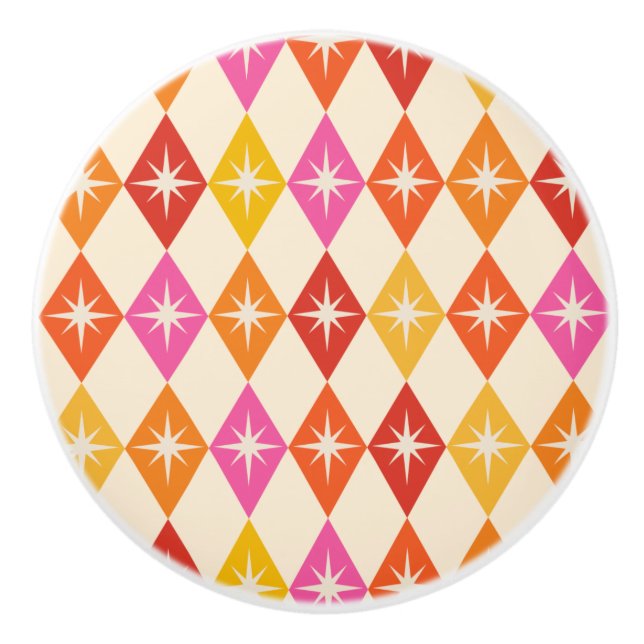 Mid century modern starbursts on retro diamonds  ceramic knob (Front)