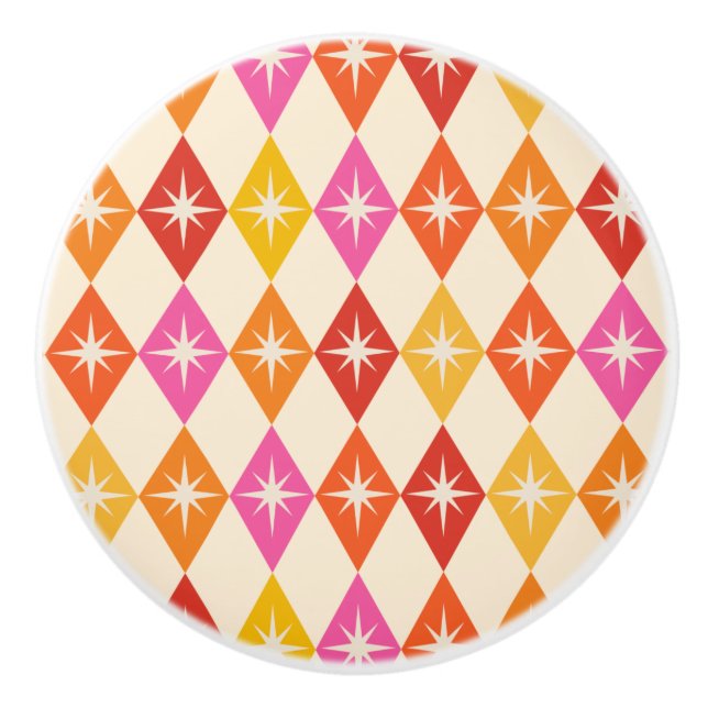 Mid Century Modern Starbursts on Retro Diamonds  Ceramic Knob (Front)