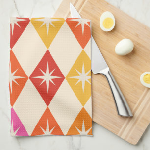 Mid Century Modern Starbursts on Retro Diamonds Kitchen Towel