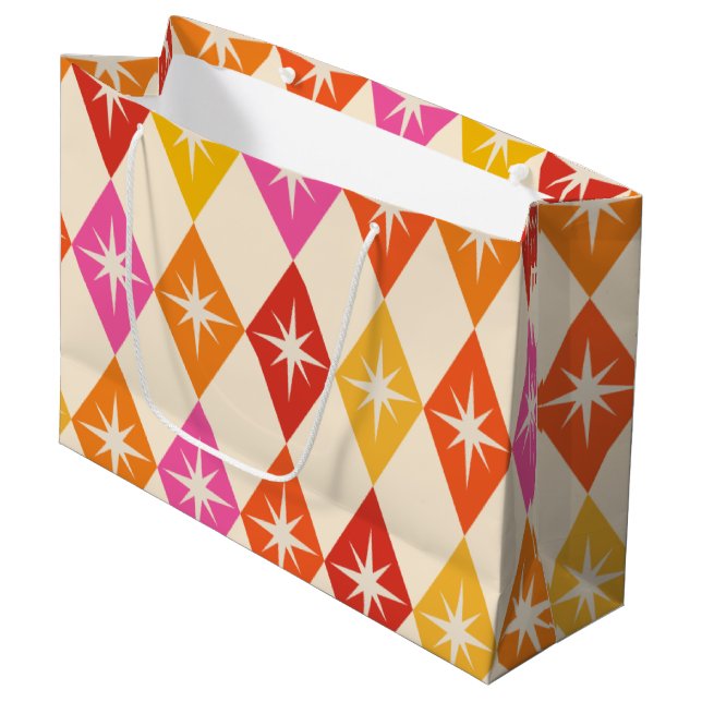 Mid Century Modern Starbursts on Retro Diamonds Large Gift Bag (Front Angled)