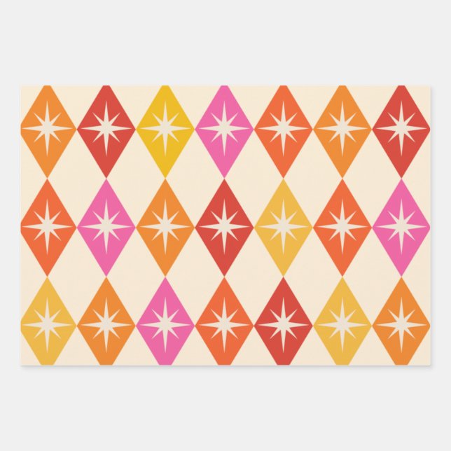 Mid Century Modern Starbursts on Retro Diamonds Wrapping Paper Sheet (Front)
