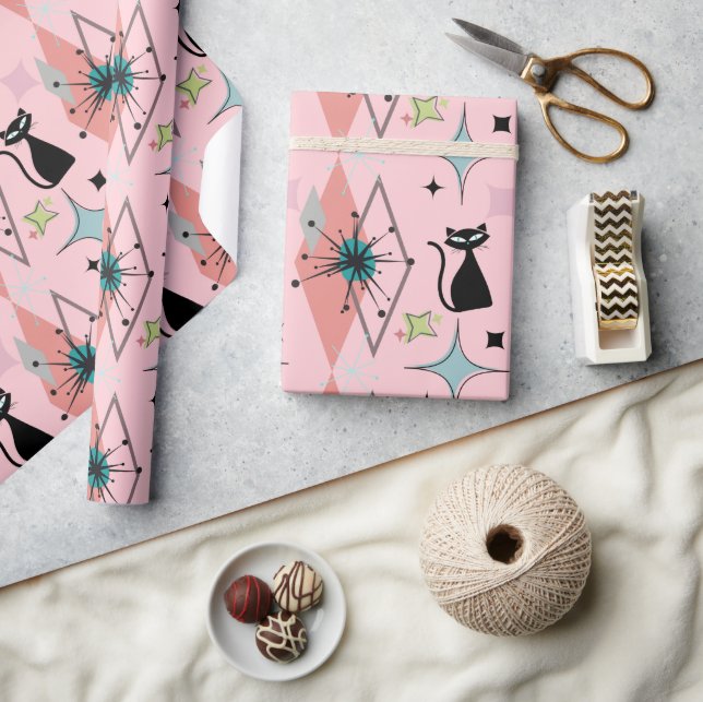 Mid Century Modern Stars and Cats Pattern Pink Wrapping Paper (Crafts)
