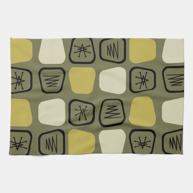 Mid Century Modern Stretched Squares Olive Kitchen Towel (Horizontal)