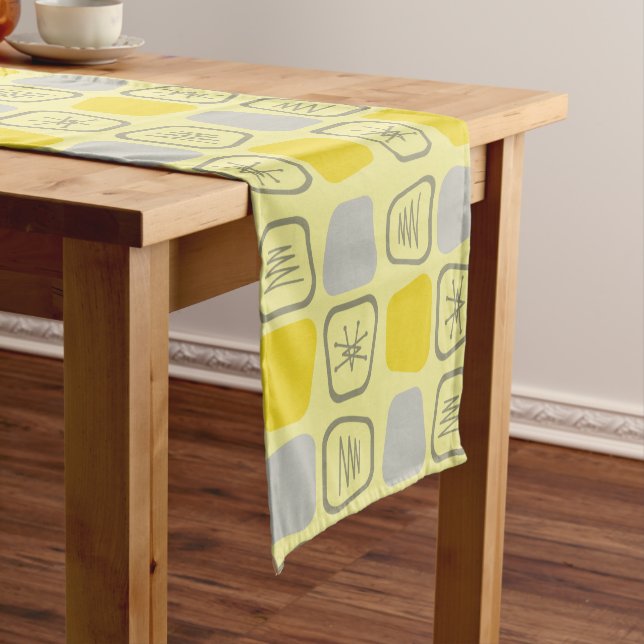 Mid Century Modern Stretched Squares Yellow Short Table Runner (In Situ)
