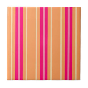 Mid-Century Modern Stripes, Fuchsia Pink & Orange  Tile