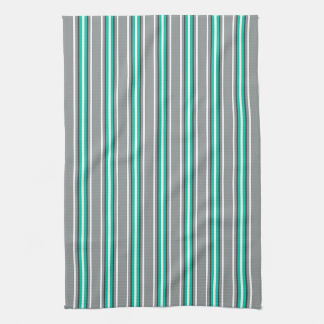 Mid-Century Modern Stripes, Grey and Turquoise  Kitchen Towel (Vertical)