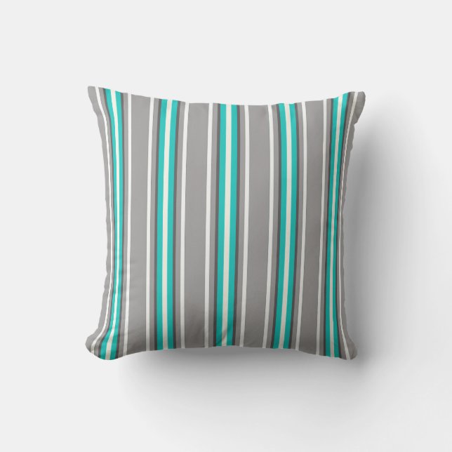 Mid-Century Modern Stripes, Grey and Turquoise Outdoor Pillow (Front)