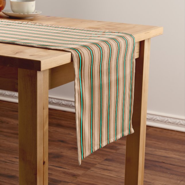 Mid-Century Modern Stripes, Tan. Brown and Aqua  Short Table Runner (In Situ)