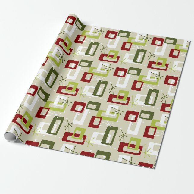 Mid-century Modern style Green and Red Sputnik Wrapping Paper (Unrolled)