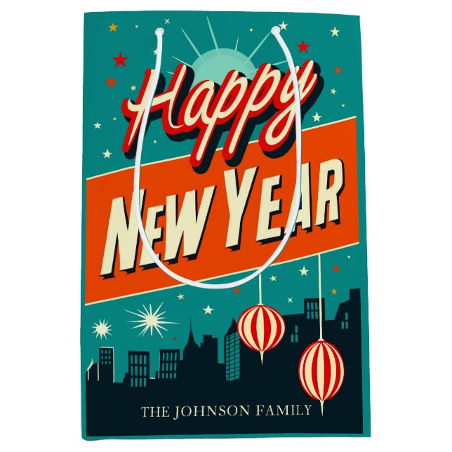 Mid Century Modern Style Happy New Year Medium Gift Bag (Front)