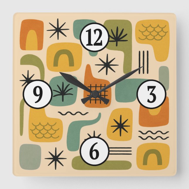 Mid Century Modern Summer Starburst Magic Pattern Square Wall Clock (Front)