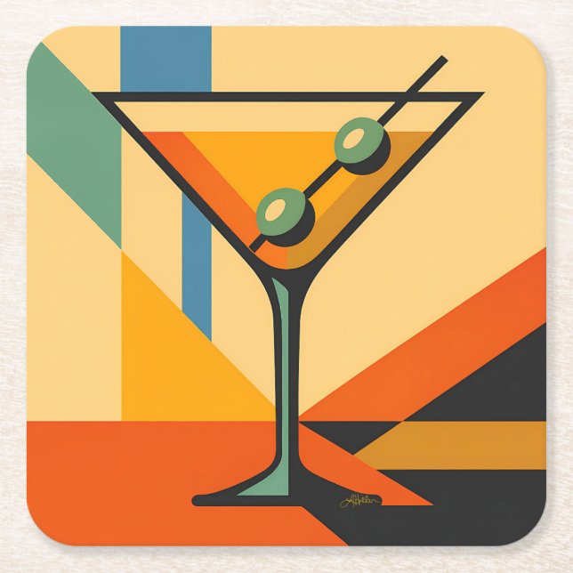 Mid Century Modern Sunrise Bauhaus Martini Square Paper Coaster (Front)