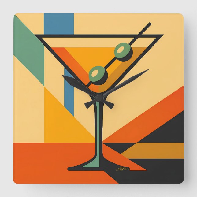 Mid Century Modern Sunrise Bauhaus Martini Square Wall Clock (Front)