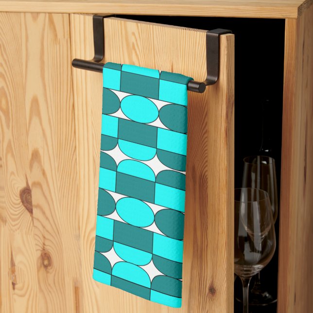 Mid Century Modern Teal Aqua Geometric Kitchen Towel (Thirds Fold)