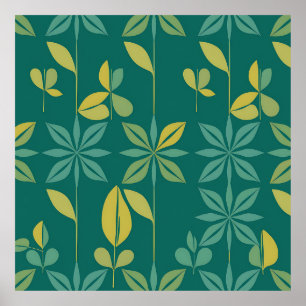 Mid-Century Modern Teal Botanical Geometric Leaf Poster