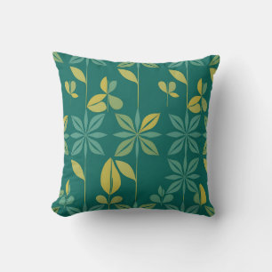 Mid-Century Modern Teal Botanical Geometric Leaf Throw Pillow