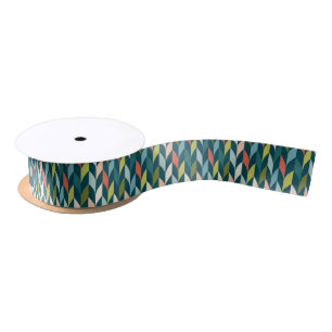 Mid-Century Modern Teal & Coral Pattern Satin Ribbon