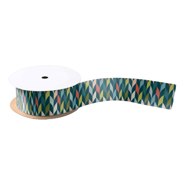 Mid-Century Modern Teal & Coral Pattern Satin Ribbon (Spool)