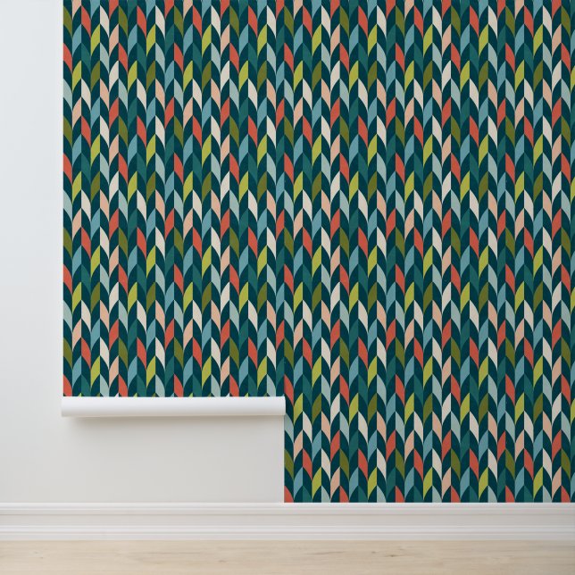 Mid-Century Modern Teal & Coral Pattern Wallpaper (Application)