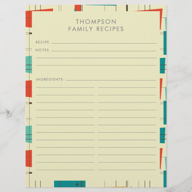 Mid Century Modern Teal Green Custom Name Recipe Flyer (Front)