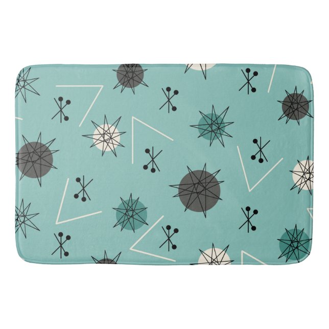 Mid Century Modern Teal Starbursts Bath Mat (Front)